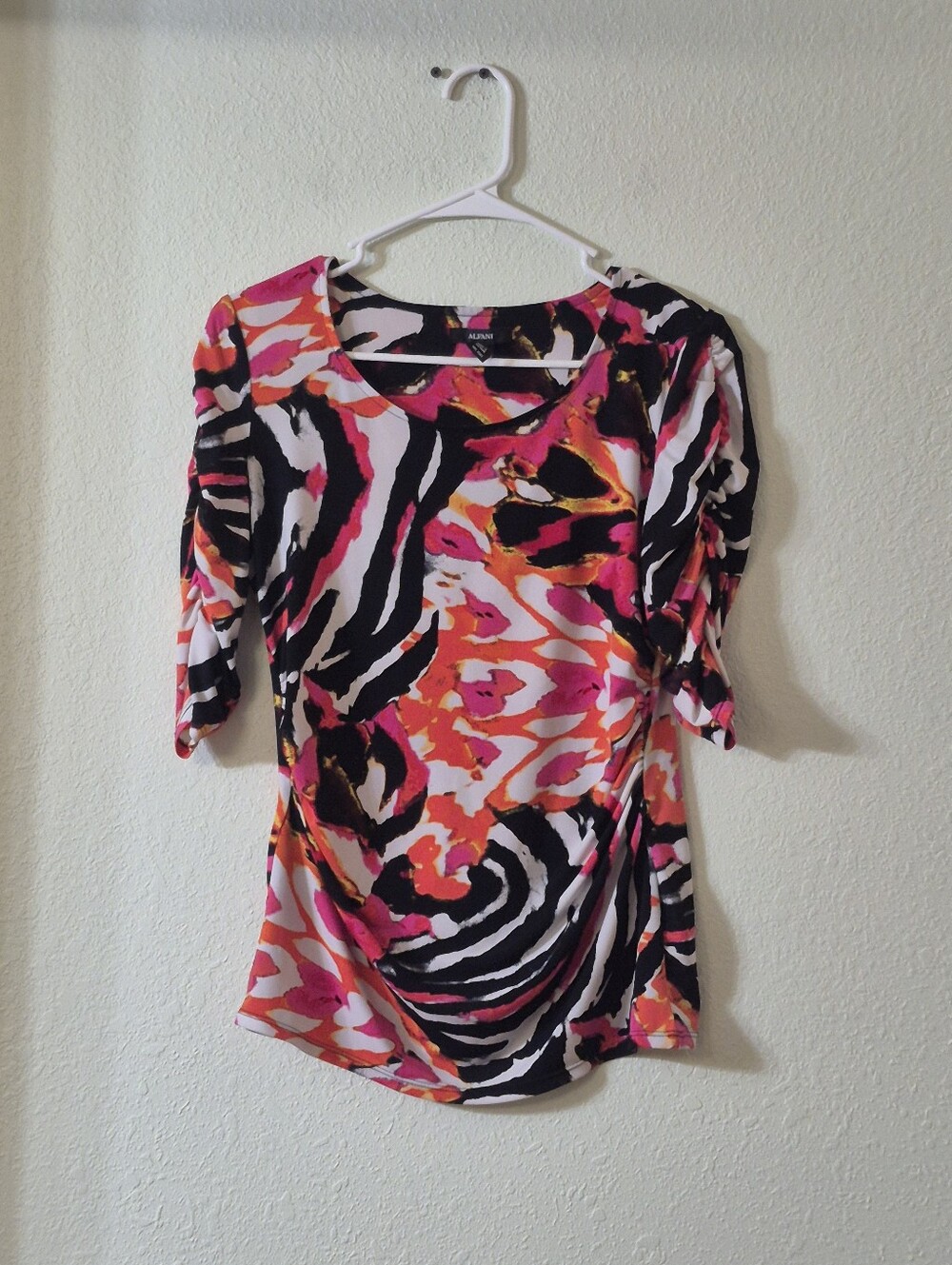 Alfani Pink Black Orange Abstract Ruched-Sleeve Blouse